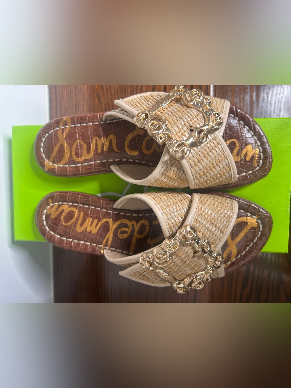Sam Edelman Gracyn Woven Natural Crossband Slide Sandal with Gold Buckle, 5M - Picture 11 of 15